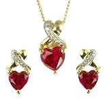 9ct Yellow Gold Ladies Created Ruby & Diamond Pendant with 18 Curb and Stud Earrings Set