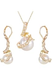 EleQueen Women's Crystal Cream Simulated Pearl Bridal Leverback Earrings Pendant Necklace Set Ivory Color