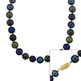 8-8.5mm Round Hand Knotted Genuine Freshwater Cultured Iridescent Black Pearl 14k Gold Filigree Clasp Necklace 18