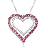 10k White Gold Double Heart-Shaped Ruby with Diamonds Heart Pendant, 18