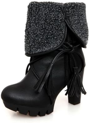 VogueZone009 Womens Round Toe Platform Foldable PU Mid-calf and Ankle Boots with Lace-up Closure Ornament, Black, 5.5 B(M) US