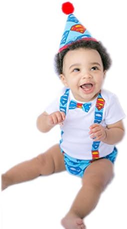 Superman Baby Outfit - Onesie with Suspender and Bow Tie Details, Hat and Diaper Cover (12 months)