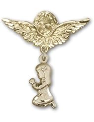 Gold Filled Baby Badge with Praying Girl Charm and Angel w/Wings Badge Pin