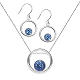 Sterling Silver September Birthstone Sapphire Crystal Open Circle Earring + Pendant Necklace Set