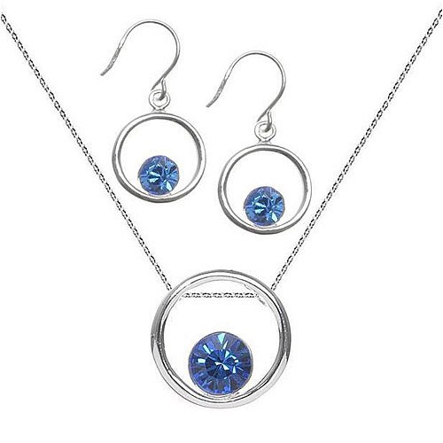 Sterling Silver September Birthstone Sapphire Crystal Open Circle Earring + Pendant Necklace Set