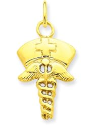 14K Yellow Gold Nurse Hat Caduceus Symbol Charm Jewelry