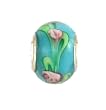 Pandora Style Charm Bead (Z288) Murano Style Glass (14mm x 10mm) (fits Troll too) ~ Aqua with Pink Flower