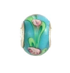 Pandora Style Charm Bead (Z288) Murano Style Glass (14mm x 10mm) (fits Troll too) ~ Aqua with Pink Flower