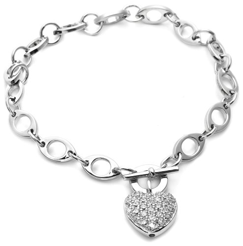 Sterling Silver Pave Cubic Zirconia Heart Bracelet, 7.25
