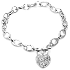 Sterling Silver Pave Cubic Zirconia Heart Bracelet, 7.25"