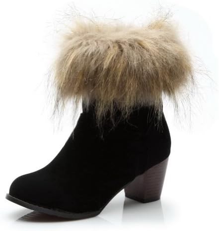 QueenFashion Women's Close Round Toe Platform Fur Ornament Chunky Heels PU and Frosting Ankle High Boots,Black,46