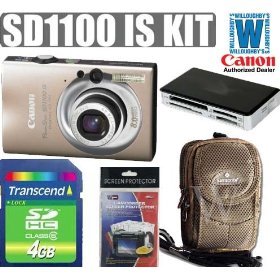 Canon PowerShot SD1100IS 8MP Digital Camera with 3x Optical Image Stabilized Zoom (Gold) + Transcend TS4GSDHC6 4GB SDHC SD 2.0 SPD Class 6 Card +Delkin Devices ALL-IN-1 Card Reader + Samsonite Perfect Fit Digital Photo Bag + Screen Protectors