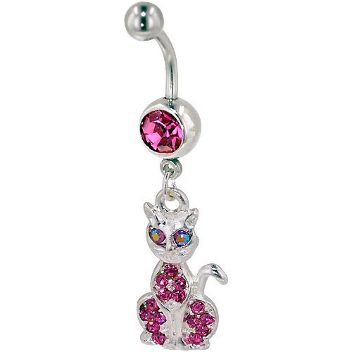 Pink Crystal Siamese Cat Dangle Gem Belly Button Ring Navel Piercing Bar Body Jewelry