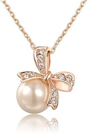 ROXI Christmas Gift Pearl Fashion Bowknot Necklace Rose Gold Plated,Gift to Girlfriend,100% Hand-made