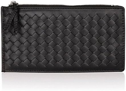 Toprankings Women's Bifold Card Case Woven Leather Wallet with Zipper Pocket Black