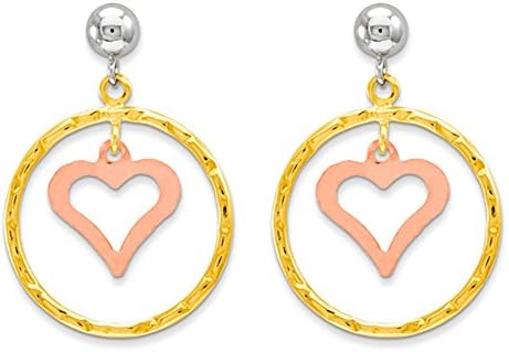 14k Tri-Color Diamond-cut Balltop Hamd w/ Heart Dangle Earrings, Jewelry Earring for Women