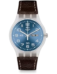 Swatch SUOK701 Daily Friend Blue Day Date Dial Brown Leather Unisex Watch NEW