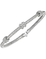 Silver Rhodium Plated Polish 7.25" 3.65mm Basketweave Bangle With .01Ct Diamond And Fancy Lobster Clasp