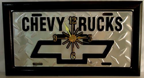 1, Chevy Clock, on a CHEVY TRUCKS DIAMOND with BOWTIE Metal Sign, Enclosed by Black Wood Holder, 33B3.8&17A4.0