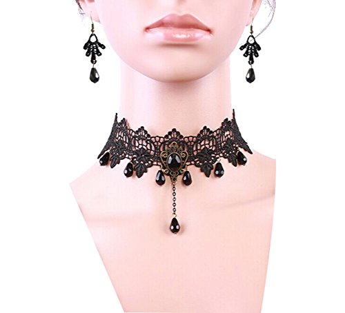 Charm.L Grace Black Lace Gothic Lolita Pendant Choker Necklace Earrings Set