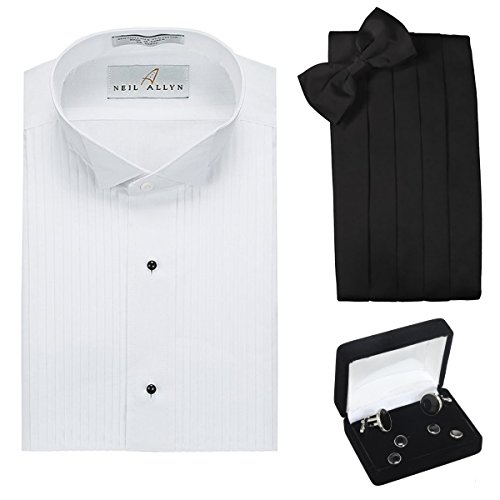 Tuxedo Shirt, Cummerbund, Bow Tie, Cufflink & Studs Set -Wing Collar,Small (14-14.5