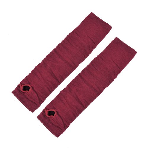 Women Ladies Dark Red Elastic Knitted Fingerless Thumbhole Arm Gloves Pair