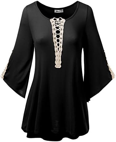 SJSP Womens Long Sleeven Lace Point Loose Fit Tunic Top Plus Size Black 3XL