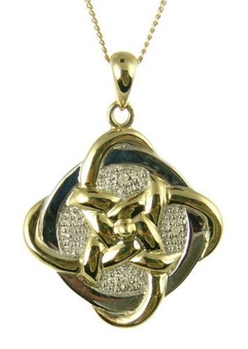 9ct 2 Colour Gold Ladies Diamond Set Celtic Eternity Knotwork Pendant with 18 Curb Chain