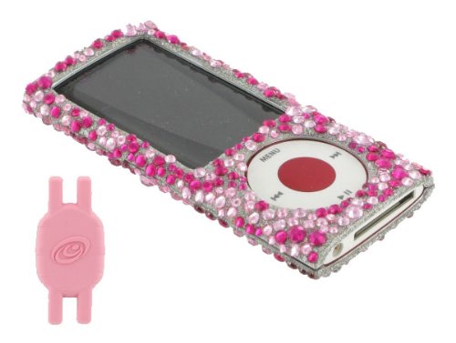 Magenta Zebra Design Full Rhinestones Design Snap On Hard Case for Apple iPod Nano 5th Generation with Shoe Silicone Pouch for Nike+ iPod Sensor (iPod NOT Included)
