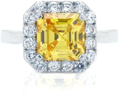 Rhodium Plated 925 Sterling Silver Princess Cut Simulated Canary CZ Engagement Ring-5