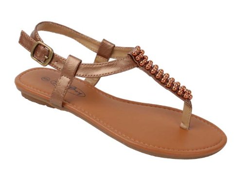 Womens Roman Gladiator Sandals Flats Thongs W/Pearls 4 Colors (9, Brown 2212)