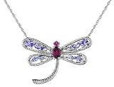 Tanzanite and Rhodolite Gemstone Dragonfly Pendant/Pin in Sterling Silver with Chain