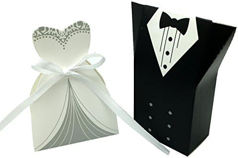 OurDecor Pack of 100 Bride And Groom Wedding Candy Box Gift Favour Boxes Wedding Bonbonniere Event Party Supplies With Ribbon