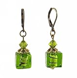 Earrings - E310 - Murano Style Glass - Cube ~ Olive Green