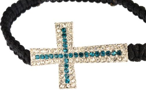 7.5" Inch Inspirational Iced Out Sideways Cross Charm Bracelet with White and Aquamarine Colored Crystal Rhinestones, Black Macrame Draw String Adjustable Cord