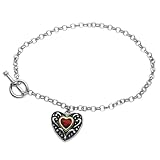 Tressa Sterling Silver and Vermeil Red Cubic Zirconia Heart Charm Rolo Chain Bracelet