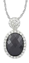 Platinum Plated Sterling Silver Black and White Oval and Round Cubic Zirconia Drop Pendant, 18"