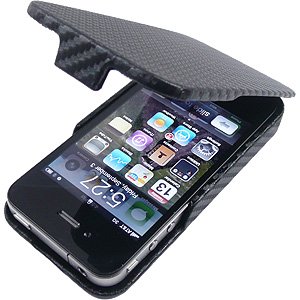 Premium Executive Series Black Hard Crystal Carbon Fiber Fabric Snap-on Case for Apple iPhone 4, 4G - Full Case with Flip