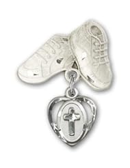 Sterling Silver Baby Badge with Cross Charm and Baby Boots Pin