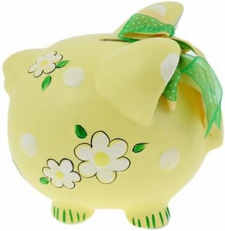 Hand Painted Large Ceramic Piggy Bank Limited Edition Kid's Room Baby Shower Yellow (Flowers)