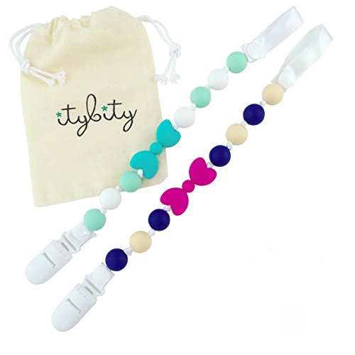 Bow Pacifier Clip Girl, BPA Free Silicone Teether, 2 Pack (Pink/Navy/Mint/Turquoise)