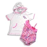 Swim n Pretty by Baby Buns - Toddler Girls One Piece Bathing Suit And Coverup, White, Pink