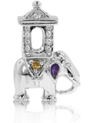Sterling Silver Elephant Charm with Citrine Gemstones and Purple Enamel Ears, Fits Pandora and All Brands Charm Bracelets and Necklaces.