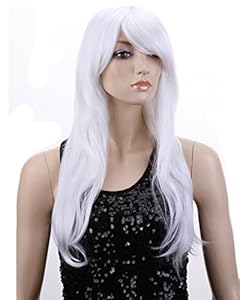 Cool2day Women Long 70cm Wavy Hair Oblique Bangs Costume Party Full Wigs+Free Wig Cap(Model:JF011386) (Silver White)