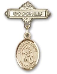 14K Gold Baby Badge with Blessed Caroline Gerhardinger Charm and Godchild Badge Pin
