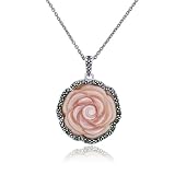 Sterling Silver Marcasite Carved Pink Shell Flower Pendant, 18