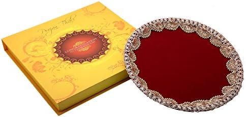 Ethnic Style Beautiful Red Stainless Steel Poojan Thali With Golden Pearl Lace Work Accompanied Idol Of Laxmi Ganesh Ji For Diwali and Bhai Dooj