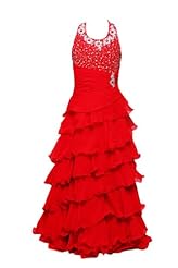 Girls Beaded Tiered Lace-Up Chiffon Floor Length Halter Flower-Girl Dress/Pageant Dress/Wedding Party Dress 