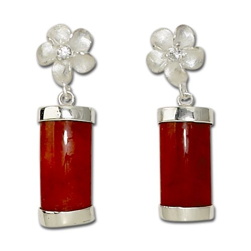 Sterling Silver Hawaiian Red Jade Plumeria Earrings
