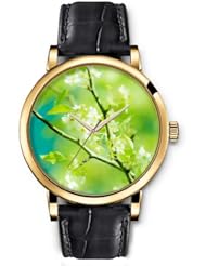 SPRAWL Aanalog Fashion Series Gold Ladies Watches of Genuine Black Leather Strap,Unique Wrist Watch for Women Girls Designed with White flowers on branches